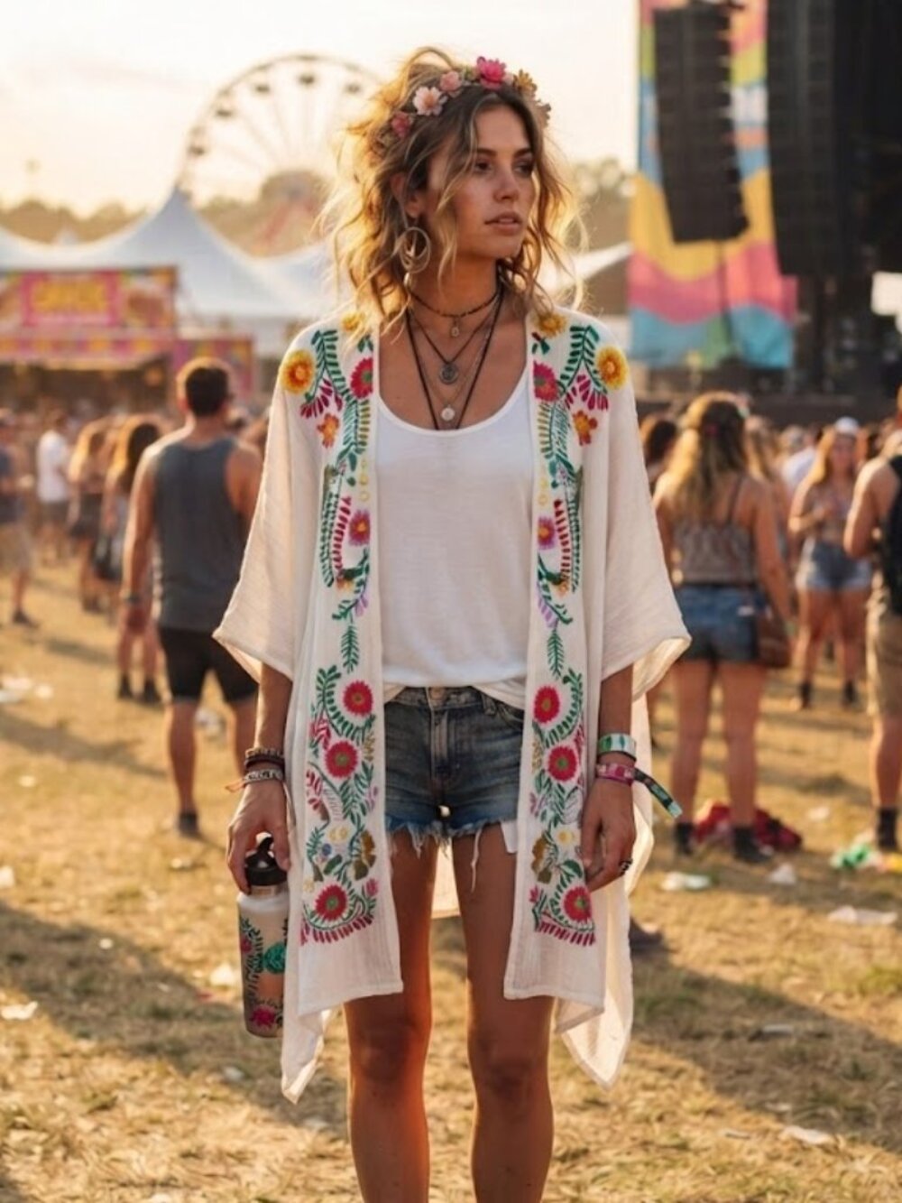 Umgee Embroidered Boho Kimono Cardigan White Floral Open Front Women SM Beachy